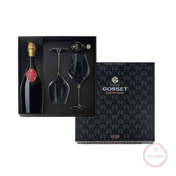Champagne Gosset,  Giftbox incl. 1 fles Grande Reserve, 2 flûtes en 1 bottlestopper (0,75 l)