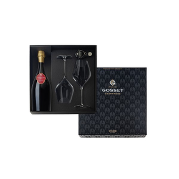 Champagne Gosset,  Giftbox incl. 1 fles Grande Reserve, 2 flûtes en 1 bottlestopper (0,75 l)