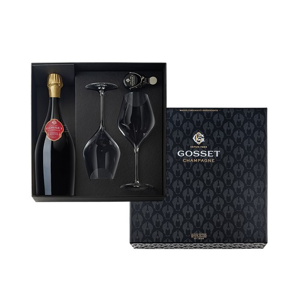 [GOSS721] Champagne Gosset,  Giftbox incl. 1 fles Grande Reserve, 2 flûtes en 1 bottlestopper (0,75 l)