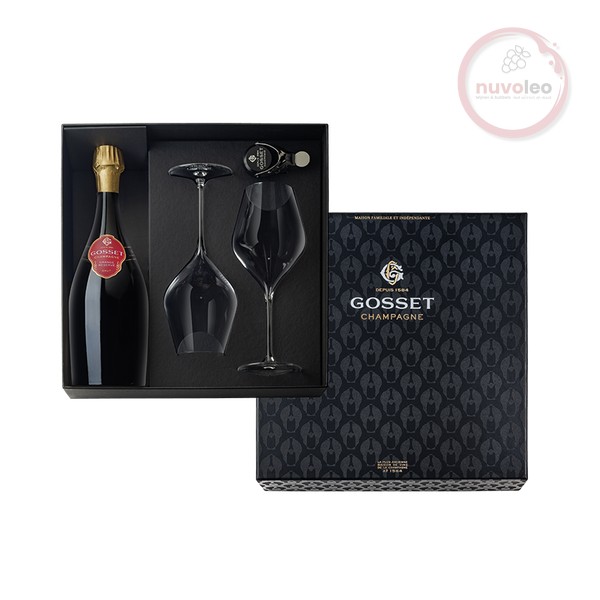 Champagne Gosset,  Giftbox incl. 1 fles Grande Reserve, 2 flûtes en 1 bottlestopper (0,75 l)