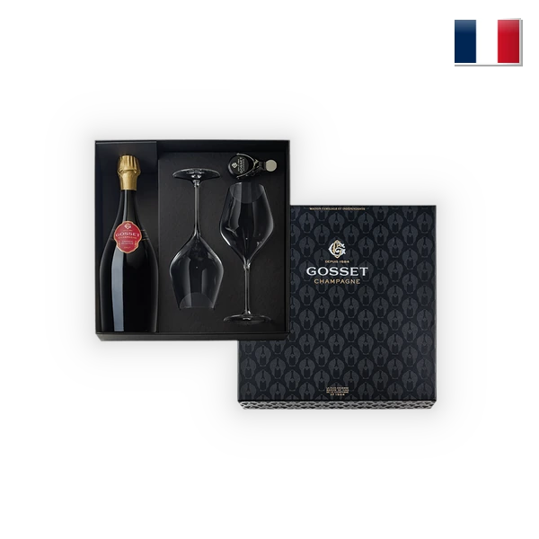 Champagne Gosset,  Giftbox incl. 1 fles Grande Reserve, 2 flûtes en 1 bottlestopper, 0,75 l