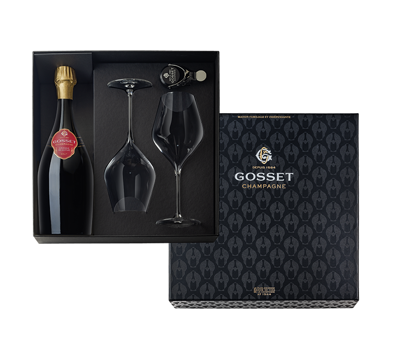 Champagne Gosset,  Giftbox incl. 1 fles Grande Reserve, 2 flûtes en 1 bottlestopper (0,75 l)